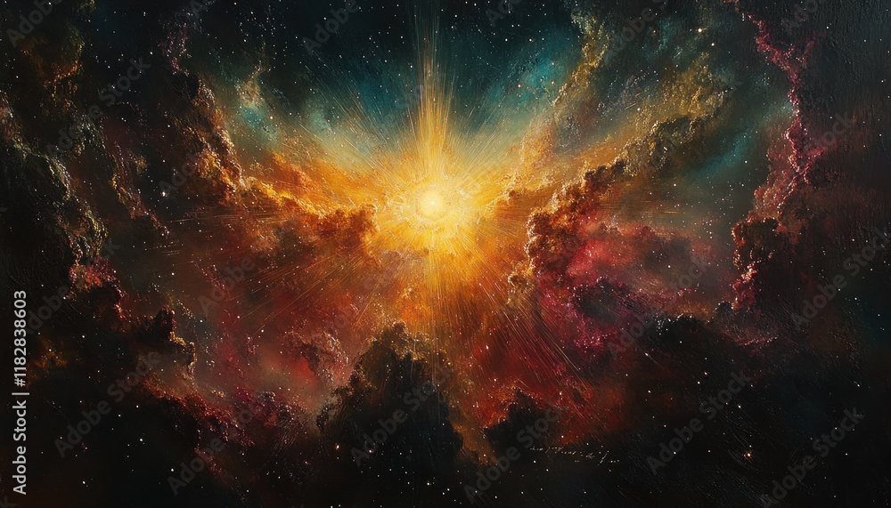 Fototapeta premium Cosmic Starburst Effect with Ethereal Light Rays and Vibrant Colors on Black Background