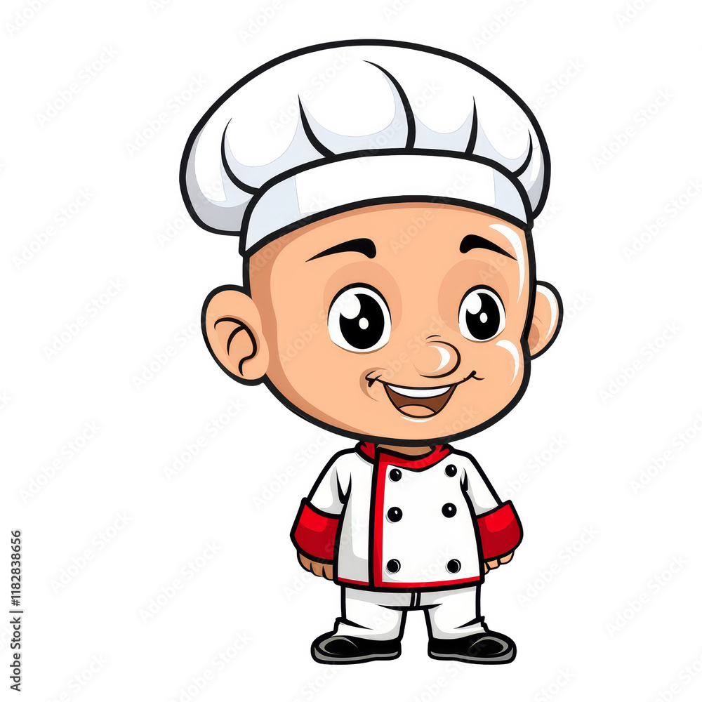 A cartoon chef with a big smile, wearing a white chef's hat and a red and white uniform. A cartoon chef with a big smile, wearing a white chef's hat and a red and white uniform.