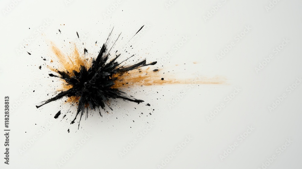 Abstract explosion of black and orange paint on a white background creating a dynamic and vibrant effect Abstract explosion of black and orange paint on a white background creating a dynamic and vibrant effect