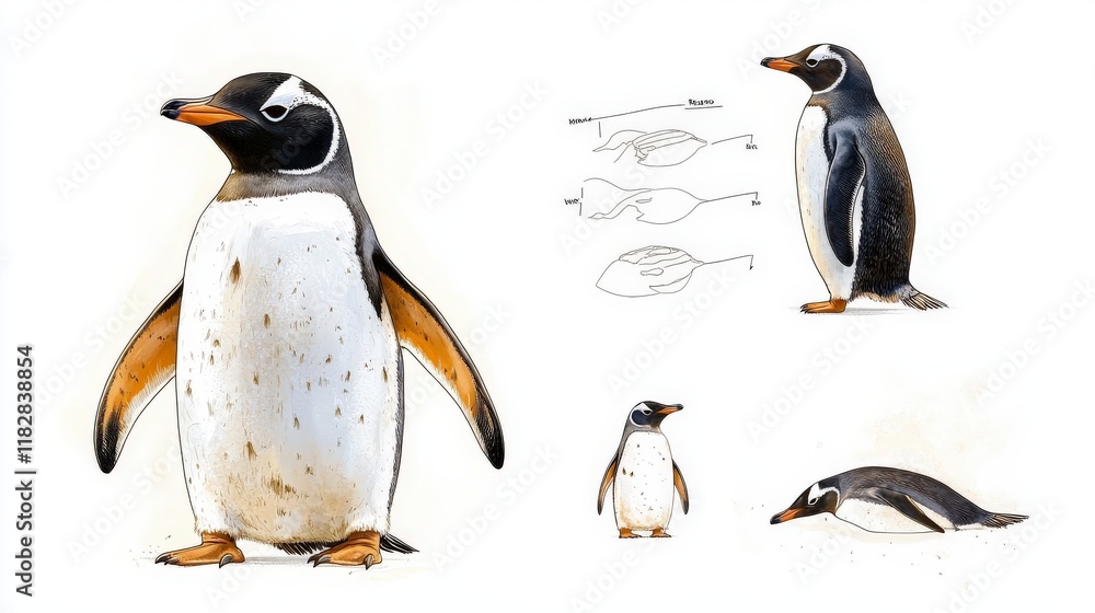 Obraz premium Detailed Illustration of a Gentoo Penguin with Anatomical Features and Varied Perspectives
