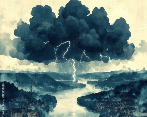 Dramatic Thunderstorm with Striking Lightning Over Scenic Valley and River, Capturing Dark Clouds and Mist, Encompassing Nature's Raw Energy and Power photo