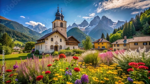 Stunning High Depth of Field Image of a Church in Morgex, Italy Surrounded by Majestic Mountains and Lush Greenery, Capturing the Essence of Italian Architecture and Scenic Beauty
