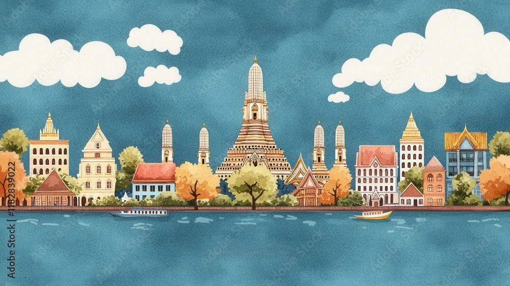 Naklejka premium Monument cultural and iconic, A colorful watercolor cityscape featuring various buildings, including a prominent temple, under a blue sky with fluffy clouds.