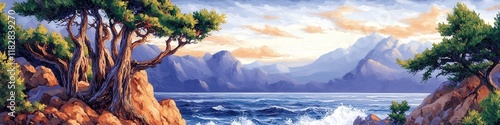 Wallpaper Mural Breathtaking Coastal Landscape with Majestic Mountains and Vibrant Sunset Over Ocean Waves - Tranquil Nature Scenery Art for Wall Decor and Meditation Torontodigital.ca