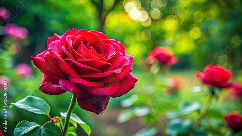 Stunning Rote Rose - Rosa Mariandel in High Depth of Field, Vibrant Floral Beauty, Nature close-up, Romantic Garden, Botanical Art, Fresh Blooms, Lush Greenery, Perfect for Home Decor photo