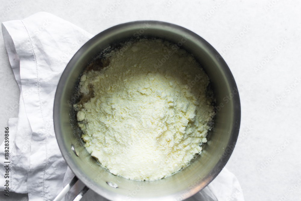Overhead view of powdered milk in a saucepan, top view of full fat milk powder in a pot Overhead view of powdered milk in a saucepan, top view of full fat milk powder in a pot