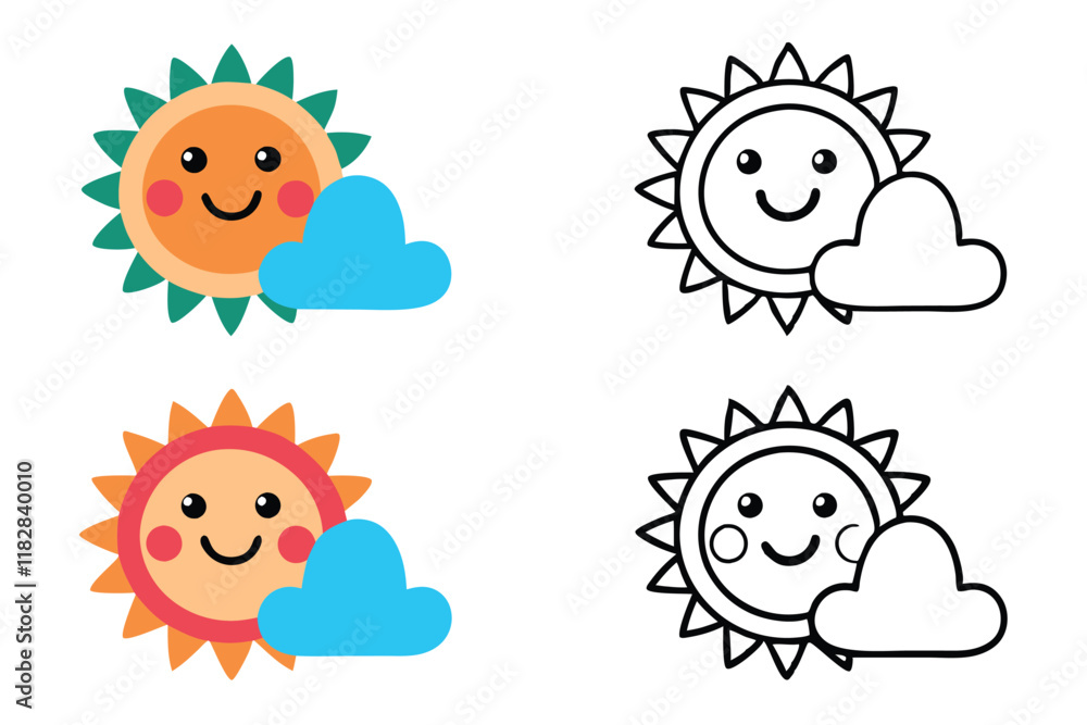 Cheerful cartoon sun and clouds in colorful and outlined line art design suitable for educational, weather, or childrens graphics line art icon set Cheerful cartoon sun and clouds in colorful and outlined line art design suitable for educational, weather, or childrens graphics line art icon set