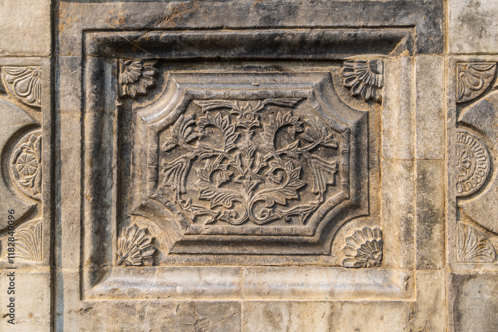 Shamwari, Srinagar, Jammu and Kashmir, India. Decorative stonework on the Khanqah-e-Moula mosque. Shamwari, Srinagar, Jammu and Kashmir, India. Decorative stonework on the Khanqah-e-Moula mosque.