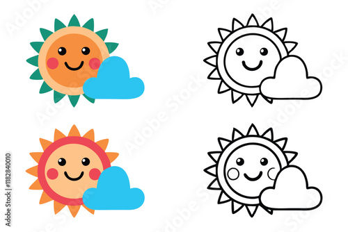 Cheerful cartoon sun and clouds in colorful and outlined line art design suitable for educational, weather, or childrens graphics line art icon set