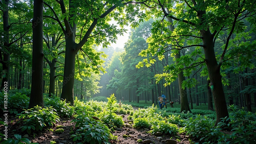 A serene forest glade bathes in warm sunlight, dappled shadows dancing on the forest floor along a winding dirt path A serene forest glade bathes in warm sunlight, dappled shadows dancing on the forest floor along a winding dirt path