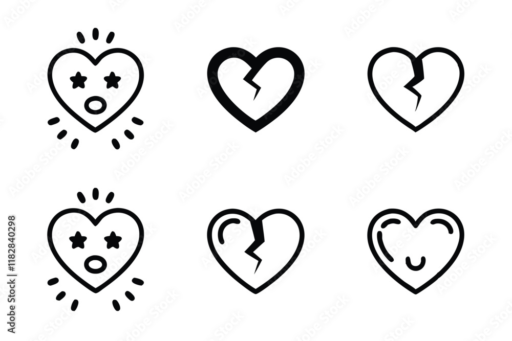 Creative vector icon set of broken hearts and emotional symbols with frowns, cracks, and colorful sparkles in modern minimalist style Creative vector icon set of broken hearts and emotional symbols with frowns, cracks, and colorful sparkles in modern minimalist style