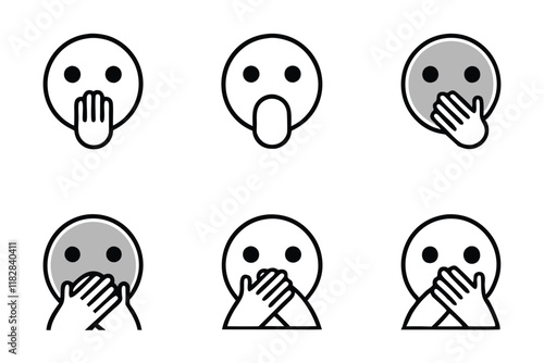 Minimalist line art icon set of emojis showing expressions like surprise, disgust, laughter, and embarrassment in modern design