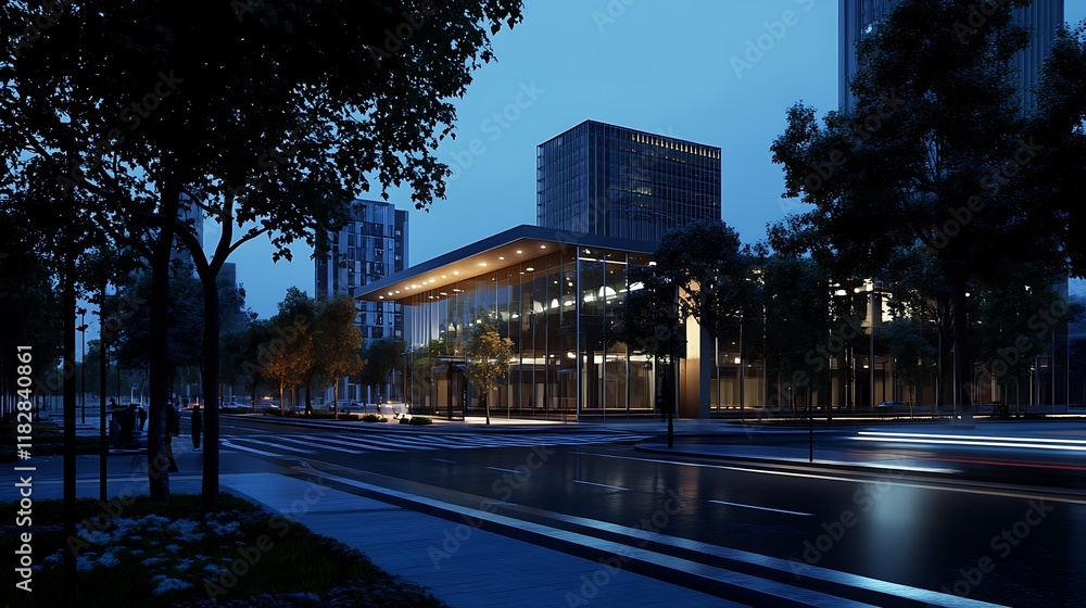 Fototapeta premium Night Cityscape: Modern Architecture and Tranquil Streets