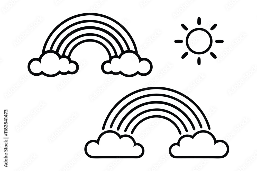 Creative weather icon set with rainbow, sun, and clouds in modern line art style for kids' coloring pages, education, and graphic projects