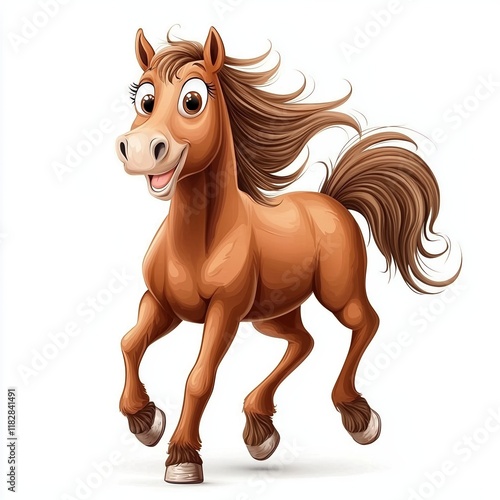 Funny cartoon horse running joyfully on a white background with a playful expression and lively mane