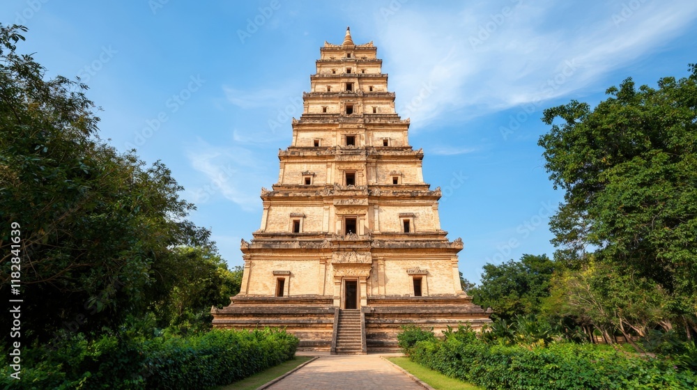 Monument cultural and iconic, A tall, ancient temple structure surrounded by lush greenery and blue skies, showcasing intricate architectural details. Monument cultural and iconic, A tall, ancient temple structure surrounded by lush greenery and blue skies, showcasing intricate architectural details.