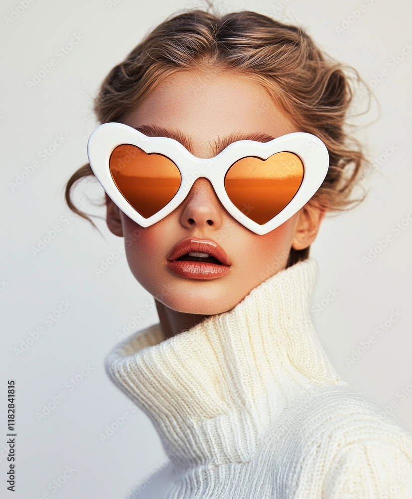 Fashion model showcases heart-shaped white sunglasses in a stylish winter look perfect for trendy outings Fashion model showcases heart-shaped white sunglasses in a stylish winter look perfect for trendy outings