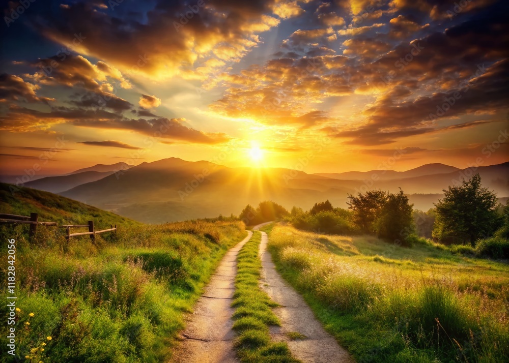 Obraz premium Enchanting Sunset Path: Golden Hour Landscape Photography