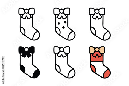 Collection of festive red Christmas stockings adorned with bows and elegant designs for the holiday season line art icon set