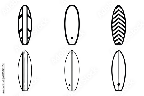 Collection of surfboard line art icons with minimalist styles, perfect for beach, water sports, and surf culture illustrations, line art icon set