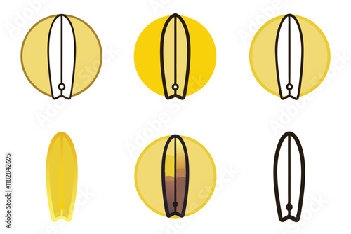 Assorted surfboard designs featuring different patterns and outlines, representing surfing lifestyle and adventure themes, line art icon set