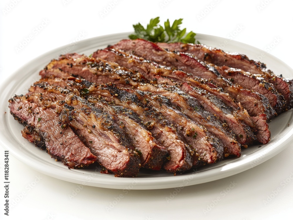 Deliciously Sliced Smoked Brisket Served on a White Plate with a Touch of Fresh Garnish for a Mouthwatering Dining Experience Deliciously Sliced Smoked Brisket Served on a White Plate with a Touch of Fresh Garnish for a Mouthwatering Dining Experience