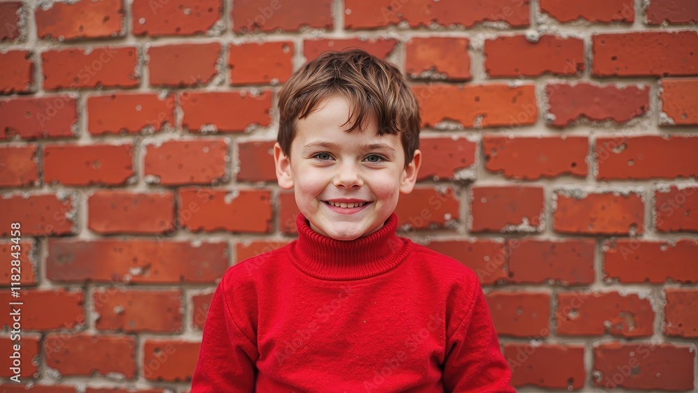 A bright-eyed young boy stands proudly in front of a warm, crimson-red brick wall, his matching red sweater a perfect complement to the vibrant backdrop A bright-eyed young boy stands proudly in front of a warm, crimson-red brick wall, his matching red sweater a perfect complement to the vibrant backdrop