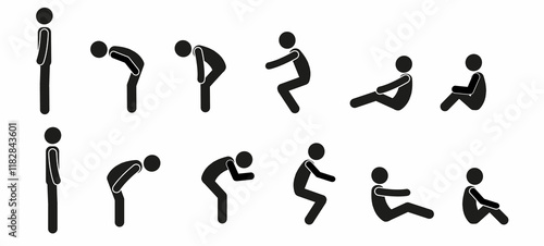 
stick man is standing, bent over, sitting, a set of human figures in different poses, pictogram, flat illustration