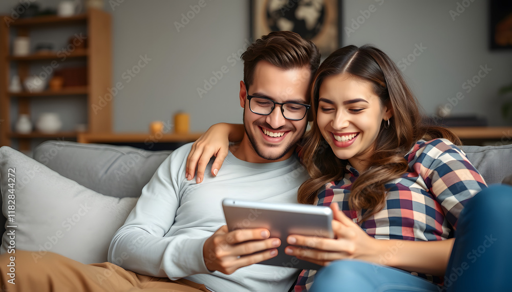 Happy bonding young married mixed race family couple using digital tablet, planning travel booking flight tickets, watching video content in social network, shopping online, resting on couch at home Happy bonding young married mixed race family couple using digital tablet, planning travel booking flight tickets, watching video content in social network, shopping online, resting on couch at home