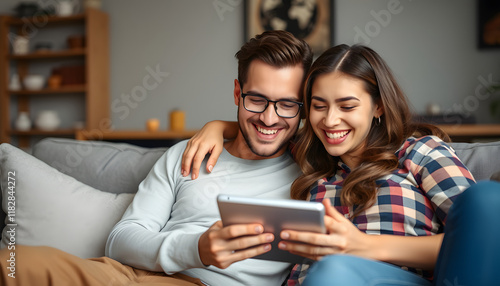 Happy bonding young married mixed race family couple using digital tablet, planning travel booking flight tickets, watching video content in social network, shopping online, resting on couch at home