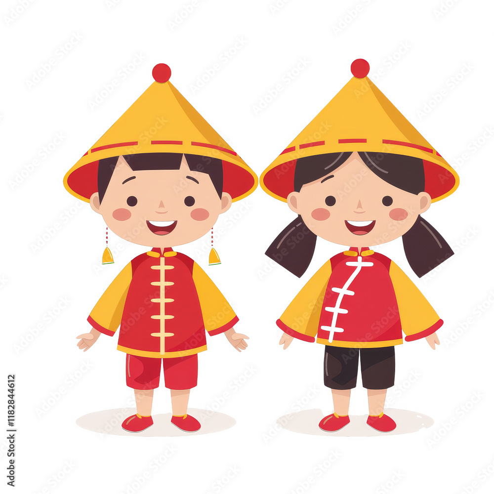 Two happy children in traditional Chinese clothing, smiling and standing side-by-side. Two happy children in traditional Chinese clothing, smiling and standing side-by-side.