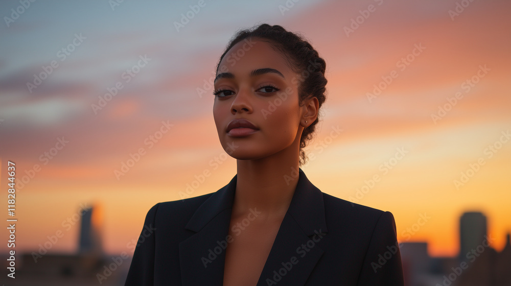 young woman exudes confidence against stunning sunset backdrop, showcasing empowerment and style. Her poised expression complements vibrant colors of sky. young woman exudes confidence against stunning sunset backdrop, showcasing empowerment and style. Her poised expression complements vibrant colors of sky.