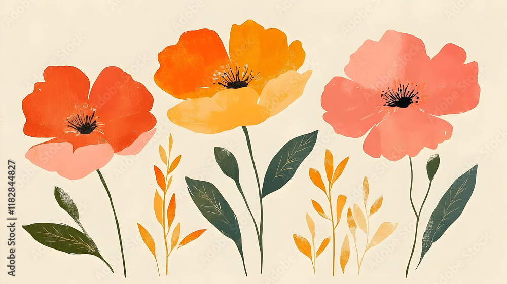 custom made wallpaper toronto digitalBlooming Poppies and Delicate Leaves Create a Vibrant Botanical Illustration on Neutral Background