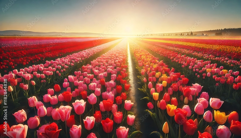 Fototapeta premium Field of tulips in red, pink, and yellow tones stretching toward a bright, cloudless horizon