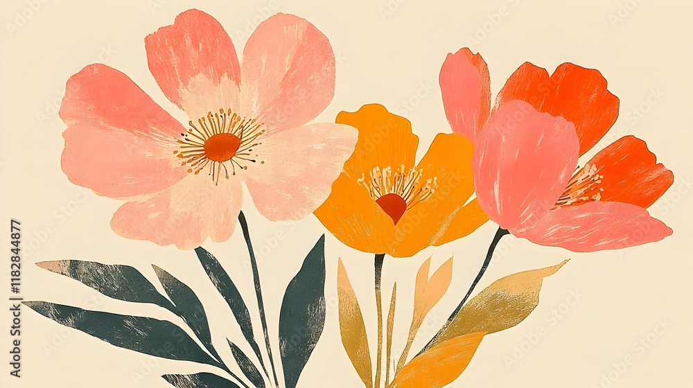custom made wallpaper toronto digitalFloral Illustration Showcases Vibrant Pink, Orange, and Gold Blooms with Lush Green Foliage Beautifully.