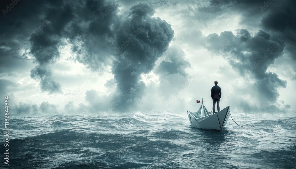 man on paper boat under dark stormy sky with binoculars tied to buoy seeking adventure man on paper boat under dark stormy sky with binoculars tied to buoy seeking adventure