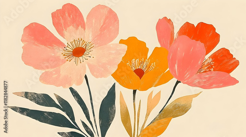 Wallpaper Mural Floral Illustration Showcases Vibrant Pink, Orange, and Gold Blooms with Lush Green Foliage Beautifully. Torontodigital.ca