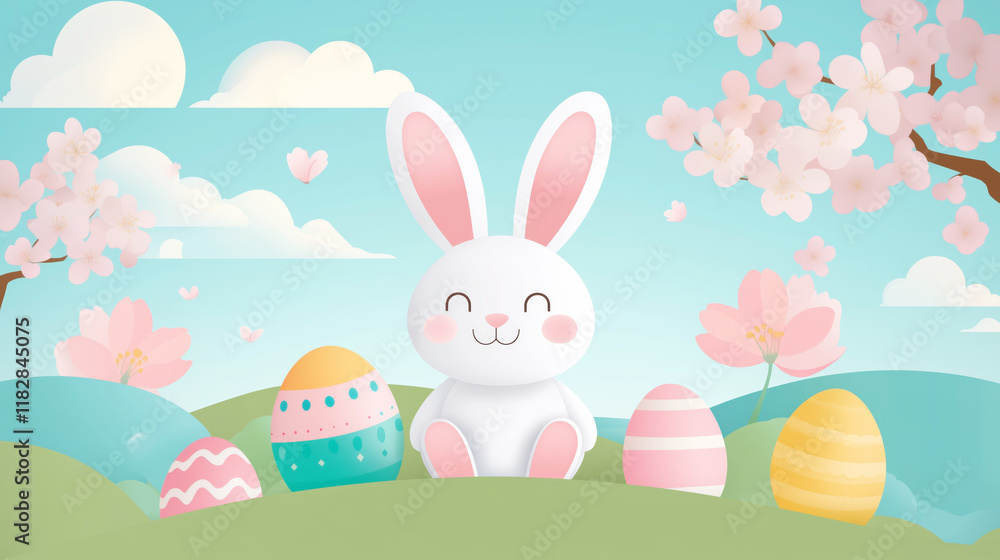 Cute easter bunny with colorful eggs in spring blossom background for holiday celebration design Cute easter bunny with colorful eggs in spring blossom background for holiday celebration design