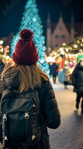 Woman in a cozy winter outfit enjoying a festive market with glowing lights and a decorated tree during the evening