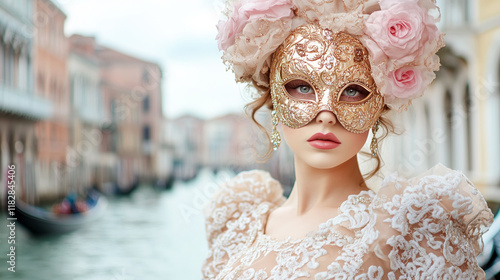 Elegant venetian costume with ornate mask and floral headdress for carnival or themed event photo