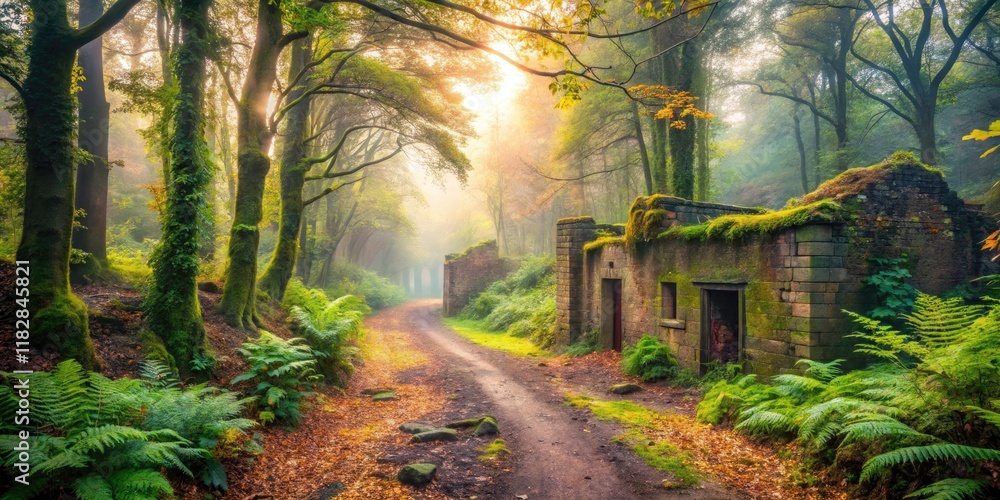 Fototapeta premium Urban Exploration in Delamere Forest, Cheshire: Discover Hidden Paths, Forgotten Structures, and Lush Greenery in a Serene Natural Setting