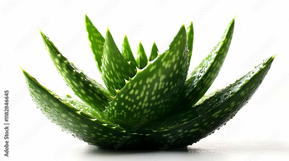 Close-up of Aloe Vera Plant with Water Droplets on White Background. Close-up of Aloe Vera Plant with Water Droplets on White Background.