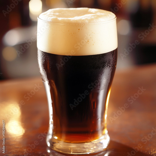 Refreshing pint of beer with creamy foam on a wooden bar counter photo