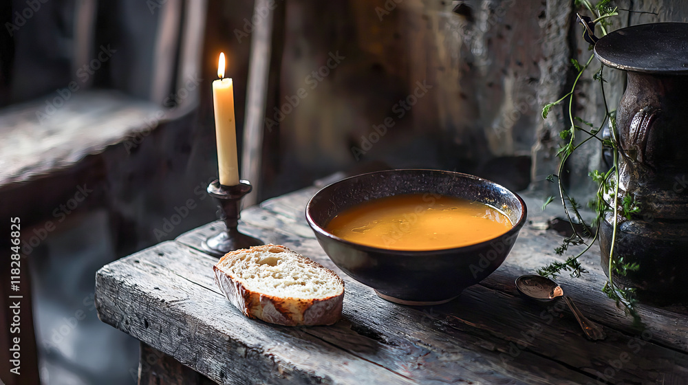 Rustic Scene of a Candlelit Dinner with Vegetable Soup and Bread. Concept of Cozy Winter Evenings, Simple Homemade Meals. Ash Wednesday Rustic Scene of a Candlelit Dinner with Vegetable Soup and Bread. Concept of Cozy Winter Evenings, Simple Homemade Meals. Ash Wednesday