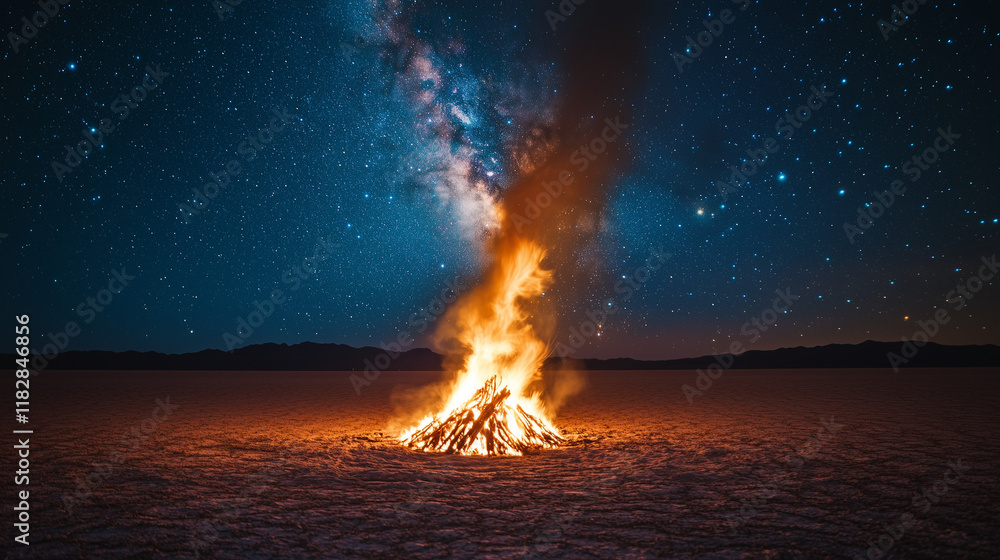 bonfire set in the middle of a vast desert bonfire set in the middle of a vast desert