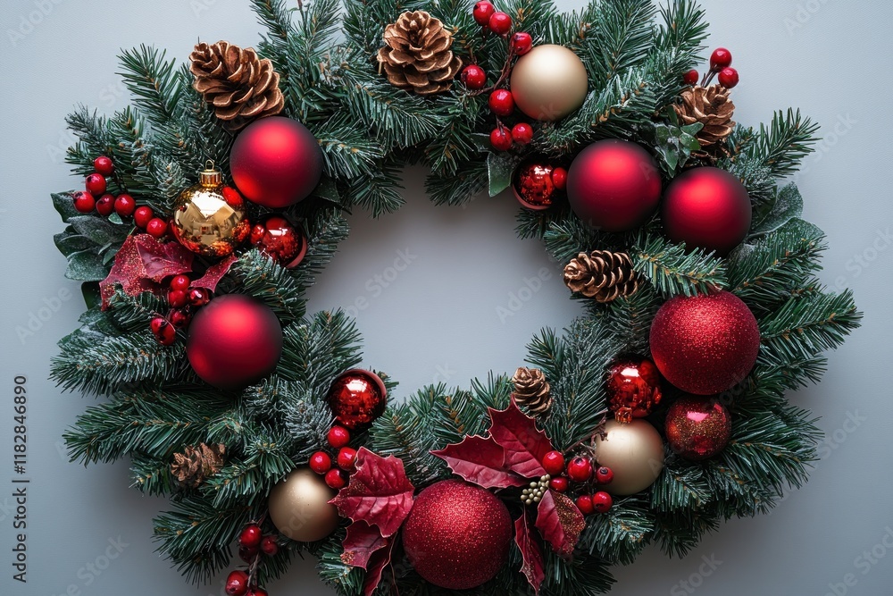 Christmas Wreath Design with Ornaments and Pine Branches Christmas Wreath Design with Ornaments and Pine Branches