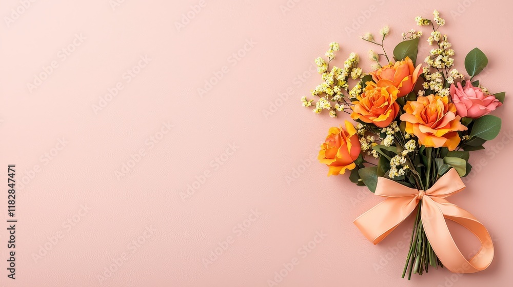 Fototapeta premium Beautiful Bouquet of Orange Roses and Yellow Flowers with Green Leaves and Satin Ribbon on Soft Background