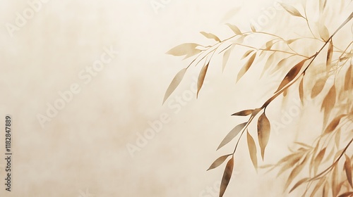 Delicate Brown Branches With Elongated Leaves On Beige Background