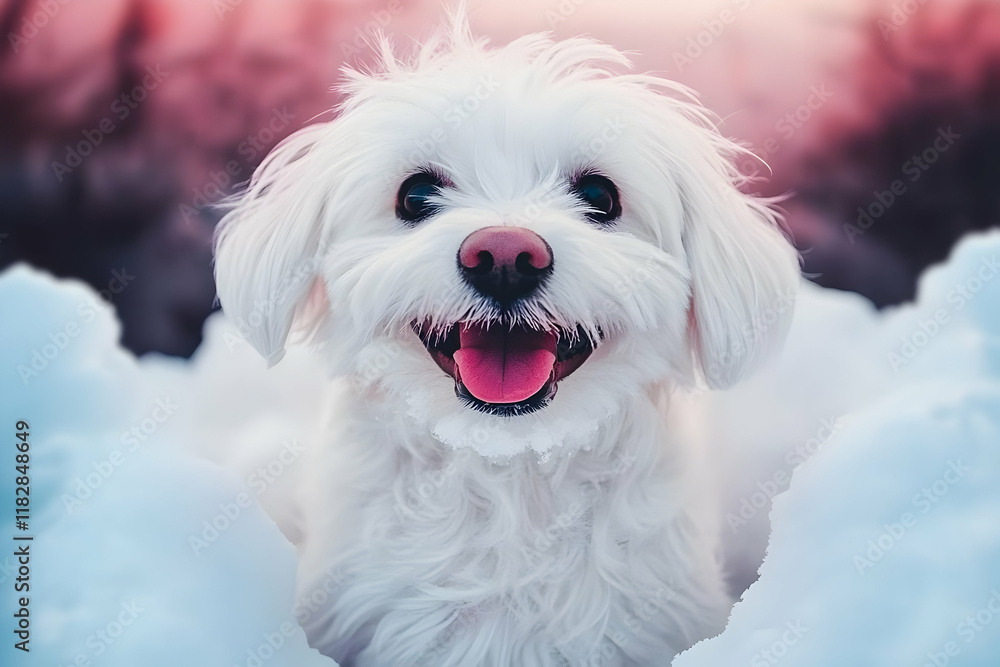 A Small White Fluffy Dog Sits Happily in the Snow with a Pink Tongue and a Blurry Background A Small White Fluffy Dog Sits Happily in the Snow with a Pink Tongue and a Blurry Background