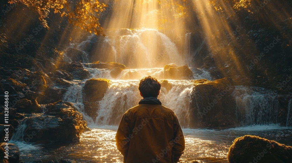 Obraz premium Man admires a sunlit waterfall.